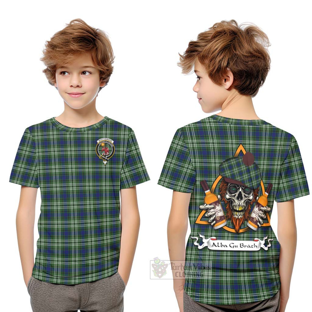 Tartan Vibes Clothing Spottiswood Tartan Kid T-Shirt with Family Crest and Bearded Skull Holding Bottles of Whiskey