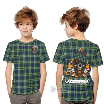 Spottiswood Tartan Kid T-Shirt with Family Crest and Bearded Skull Holding Bottles of Whiskey