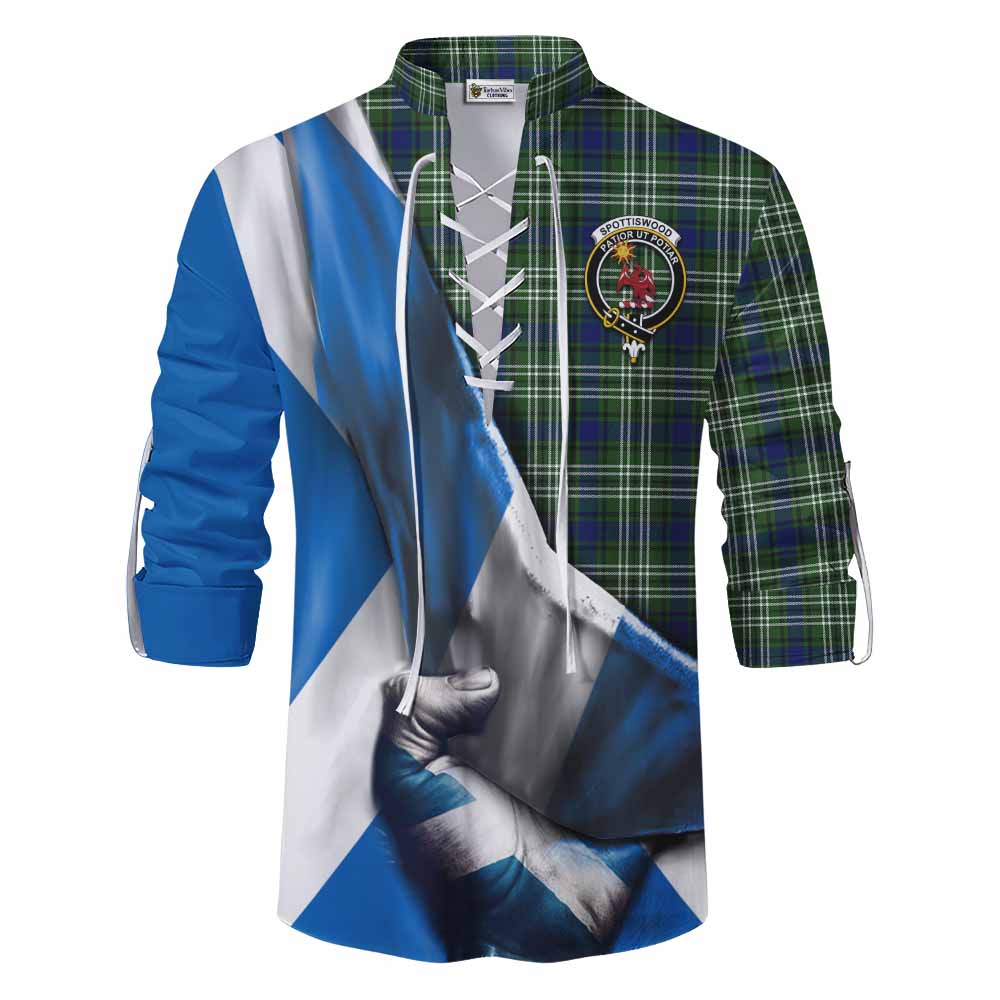 Tartan Vibes Clothing Spottiswood Tartan Ghillie Kilt Shirt with Family Crest Scotland Patriotic Style