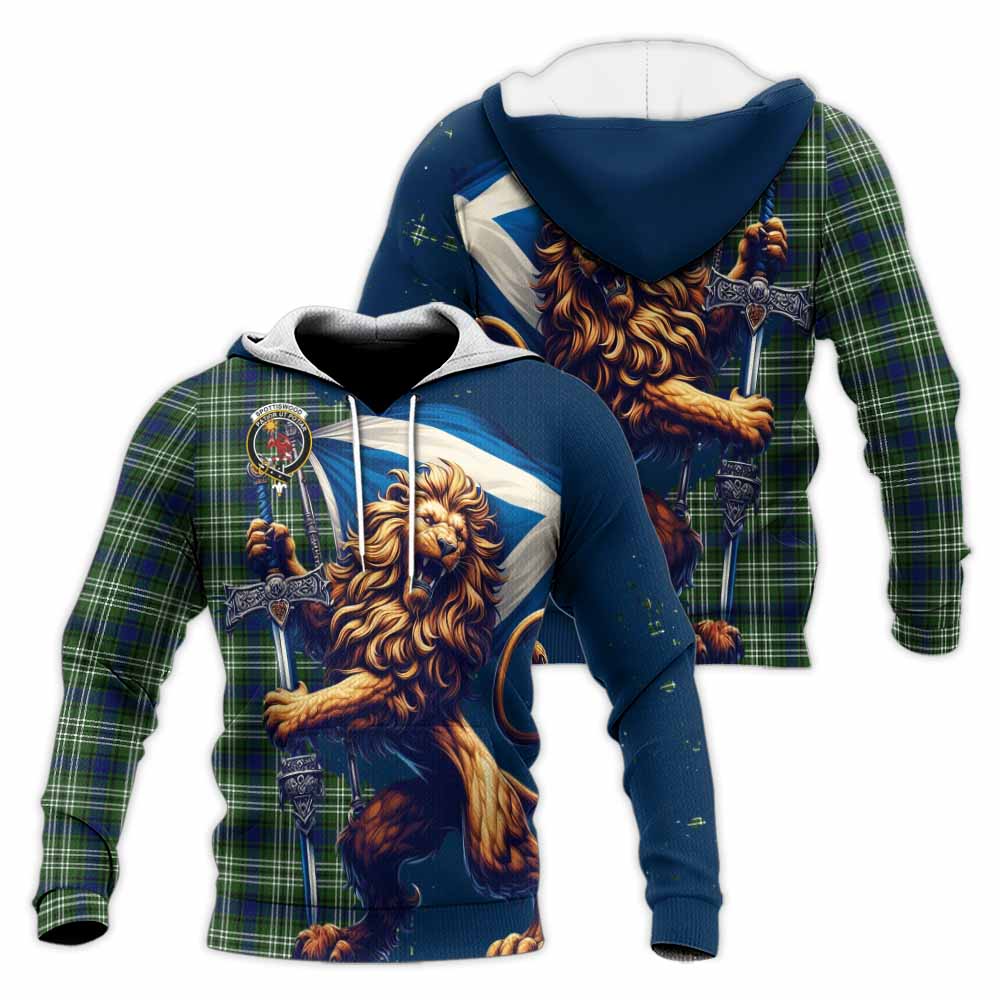 Tartan Vibes Clothing Spottiswood Tartan Family Crest Knitted Hoodie with Scottish Majestic Lion