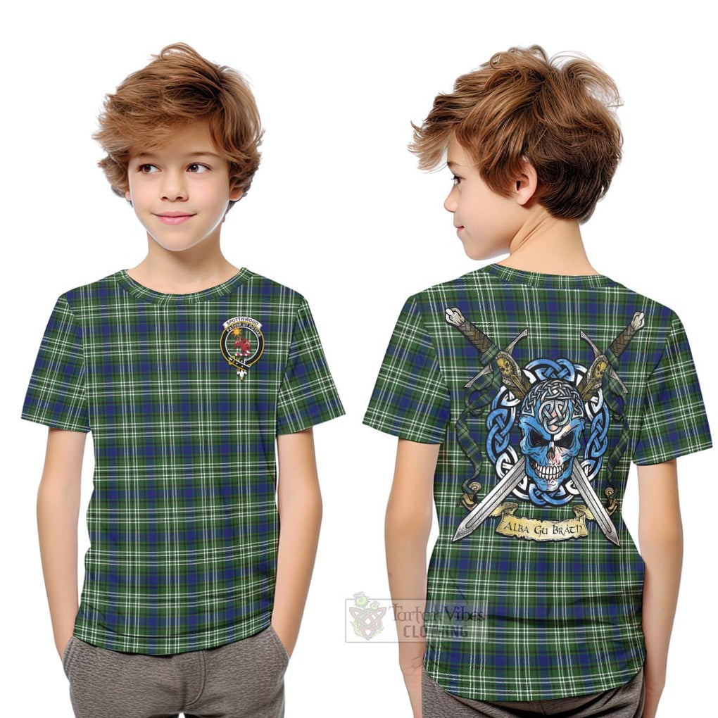 Tartan Vibes Clothing Spottiswood Tartan Kid T-Shirt with Family Crest Celtic Skull Style