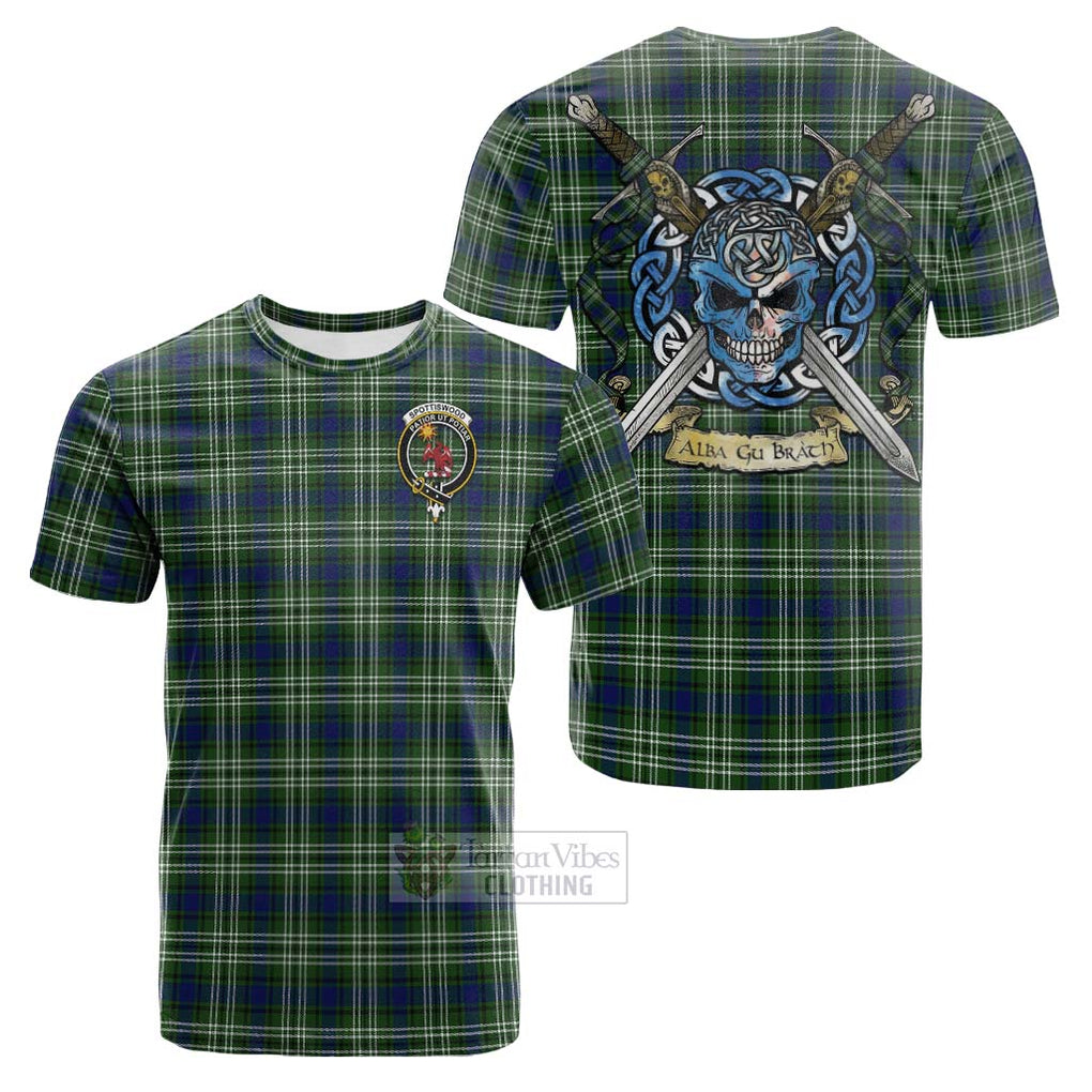 Tartan Vibes Clothing Spottiswood Tartan Cotton T-shirt with Family Crest Celtic Skull Style