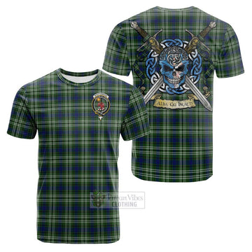 Spottiswood Tartan Cotton T-shirt with Family Crest Celtic Skull Style