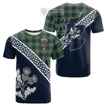 Spottiswood Tartan Cotton T-shirt Featuring Thistle and Scotland Map