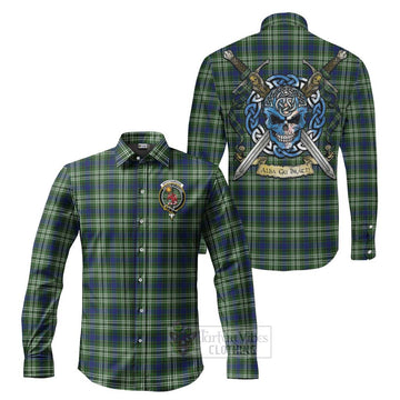 Spottiswood Tartan Long Sleeve Button Shirt with Family Crest Celtic Skull Style