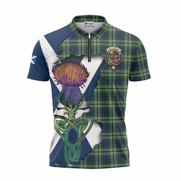 Spottiswood Tartan Family Crest Zipper Polo Shirt Scottish Thistle Celtic Inspired Unisex - Tartan Vibes Clothing