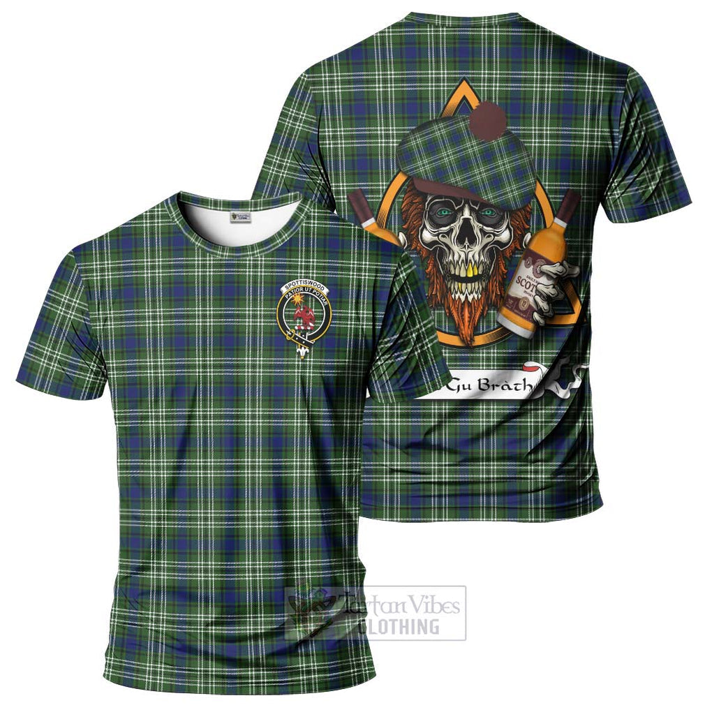 Tartan Vibes Clothing Spottiswood Tartan T-Shirt with Family Crest and Bearded Skull Holding Bottles of Whiskey