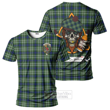 Spottiswood Tartan T-Shirt with Family Crest and Bearded Skull Holding Bottles of Whiskey