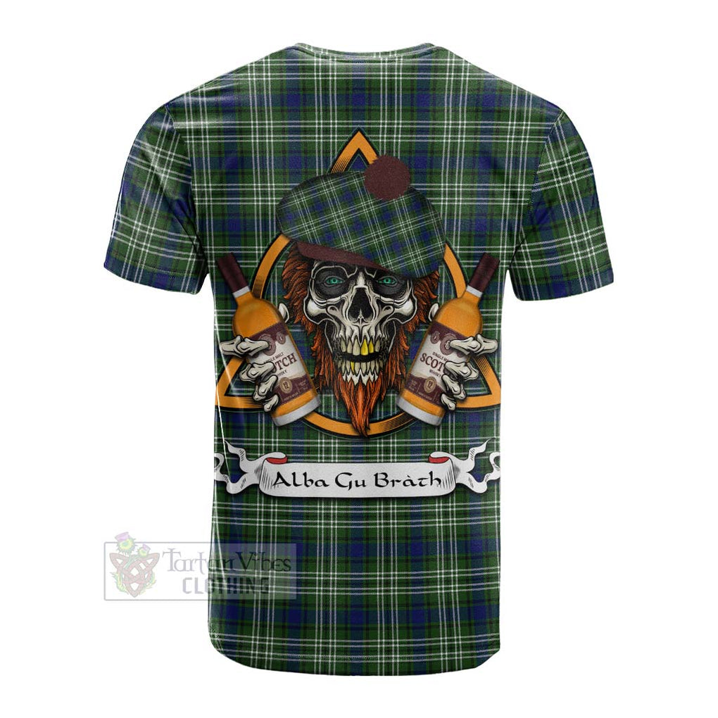 Tartan Vibes Clothing Spottiswood Tartan Cotton T-shirt with Family Crest and Bearded Skull Holding Bottles of Whiskey