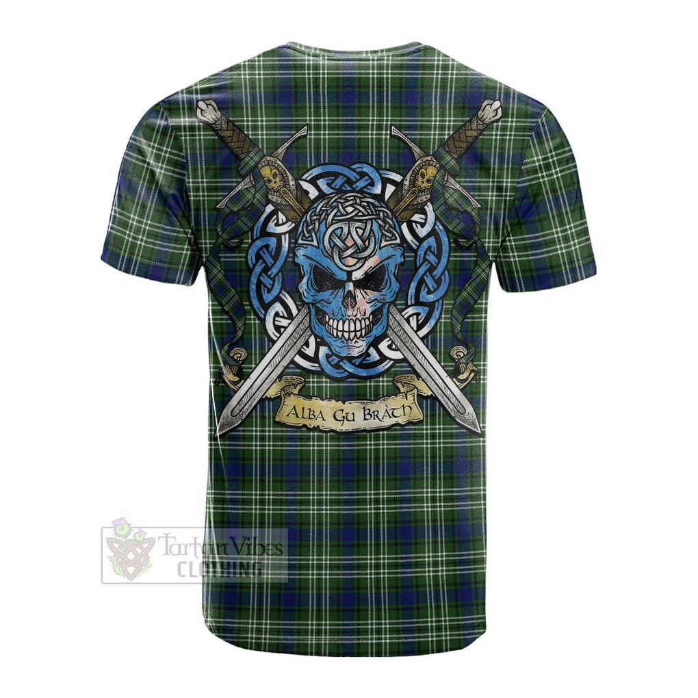 Tartan Vibes Clothing Spottiswood Tartan Cotton T-shirt with Family Crest Celtic Skull Style