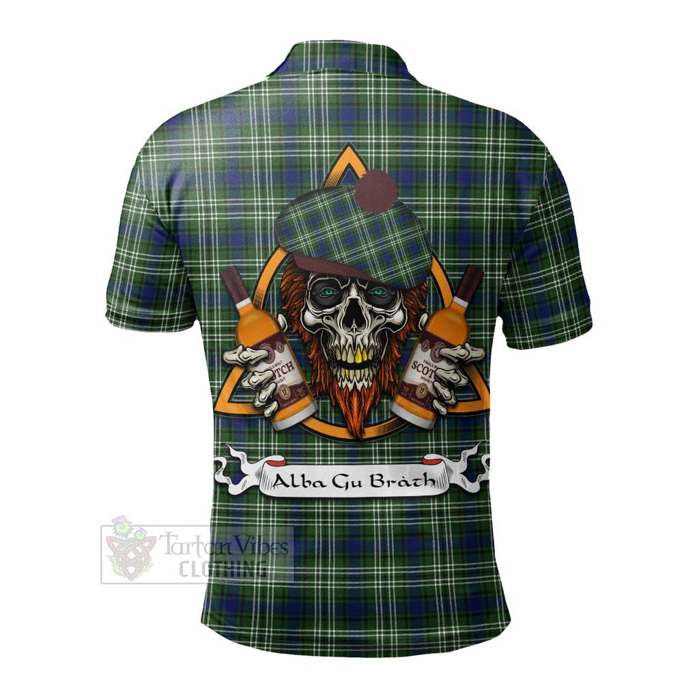 Tartan Vibes Clothing Spottiswood Tartan Polo Shirt with Family Crest and Bearded Skull Holding Bottles of Whiskey