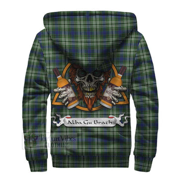 Spottiswood Tartan Sherpa Hoodie with Family Crest and Bearded Skull Holding Bottles of Whiskey