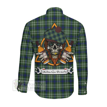 Spottiswood Tartan Long Sleeve Button Shirt with Family Crest and Bearded Skull Holding Bottles of Whiskey