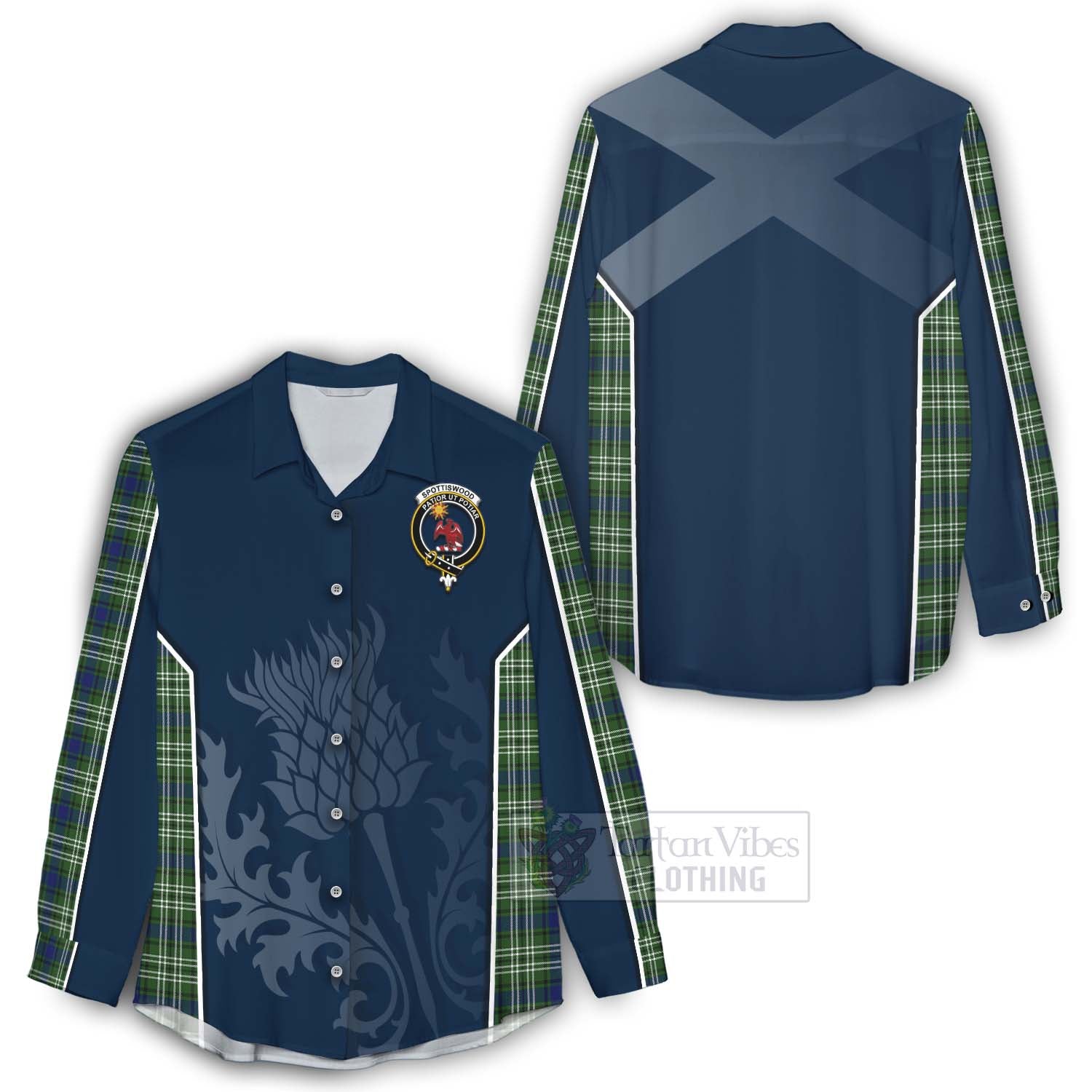 Tartan Vibes Clothing Spottiswood Tartan Women's Casual Shirt with Family Crest and Scottish Thistle Vibes Sport Style