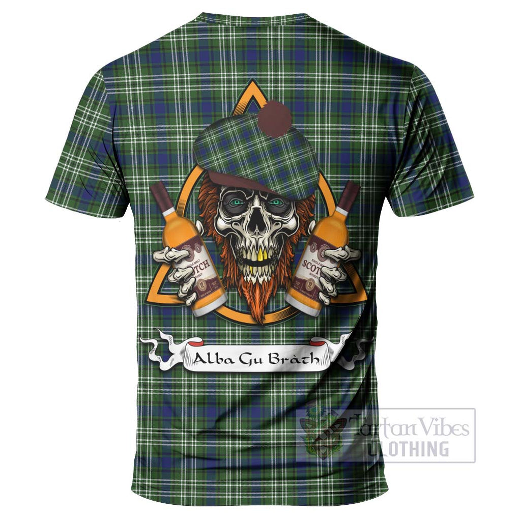 Tartan Vibes Clothing Spottiswood Tartan T-Shirt with Family Crest and Bearded Skull Holding Bottles of Whiskey