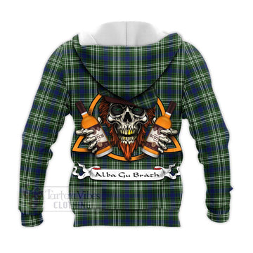 Spottiswood Tartan Knitted Hoodie with Family Crest and Bearded Skull Holding Bottles of Whiskey