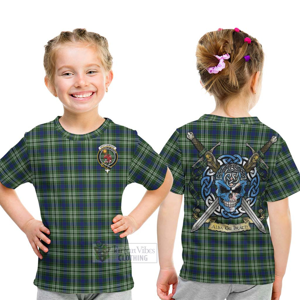 Tartan Vibes Clothing Spottiswood Tartan Kid T-Shirt with Family Crest Celtic Skull Style