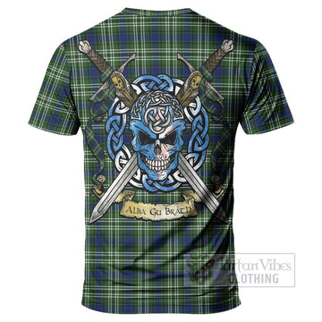 Spottiswood Tartan T-Shirt with Family Crest Celtic Skull Style