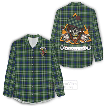 Spottiswood Tartan Women's Casual Shirt with Family Crest and Bearded Skull Holding Bottles of Whiskey