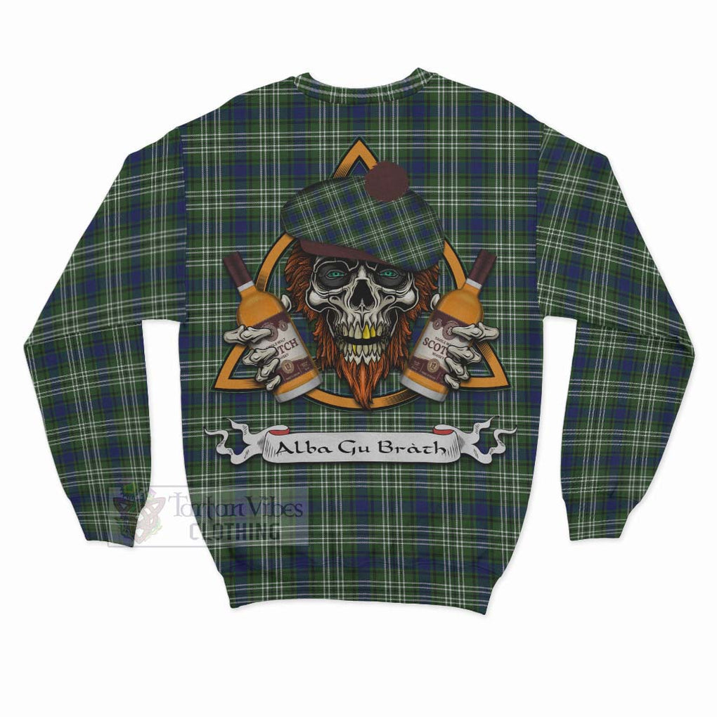 Tartan Vibes Clothing Spottiswood Tartan Sweatshirt with Family Crest and Bearded Skull Holding Bottles of Whiskey