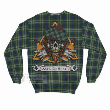 Spottiswood Tartan Sweatshirt with Family Crest and Bearded Skull Holding Bottles of Whiskey