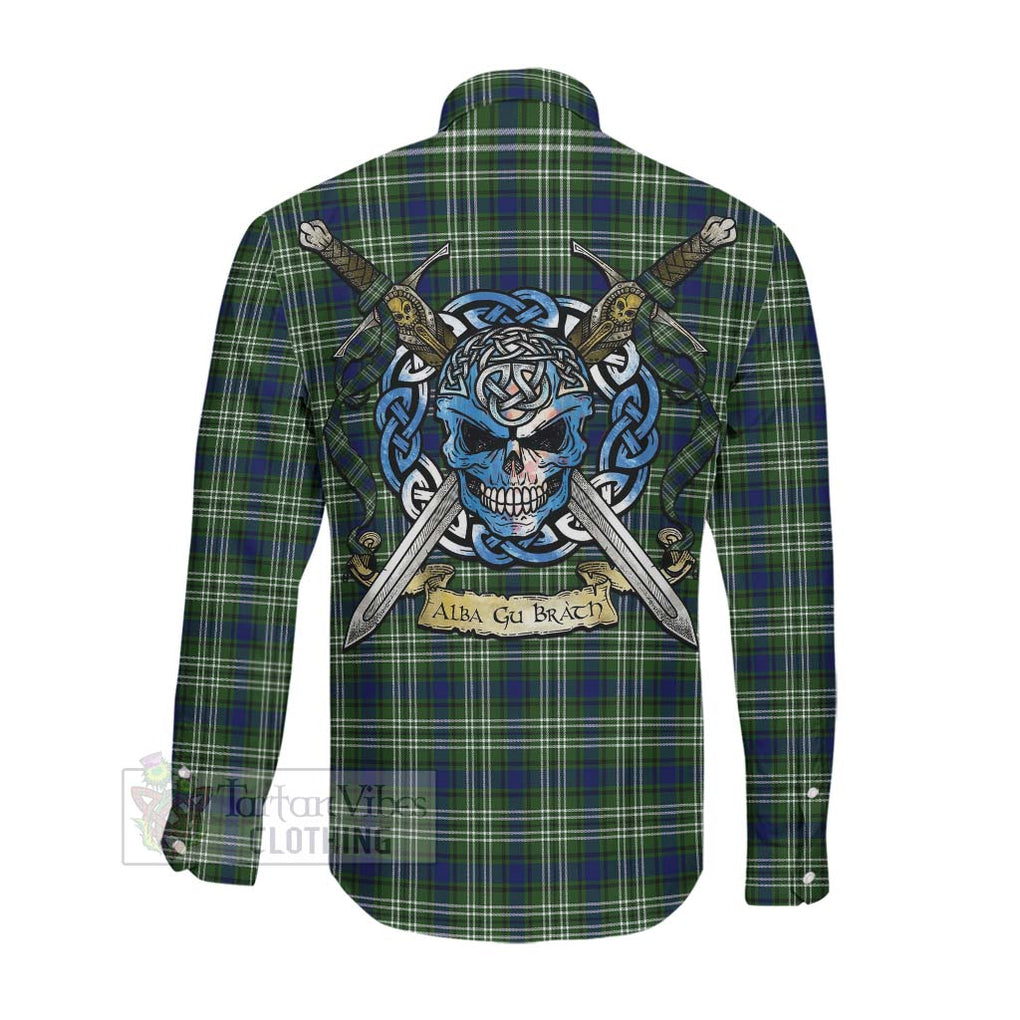 Tartan Vibes Clothing Spottiswood Tartan Long Sleeve Button Shirt with Family Crest Celtic Skull Style