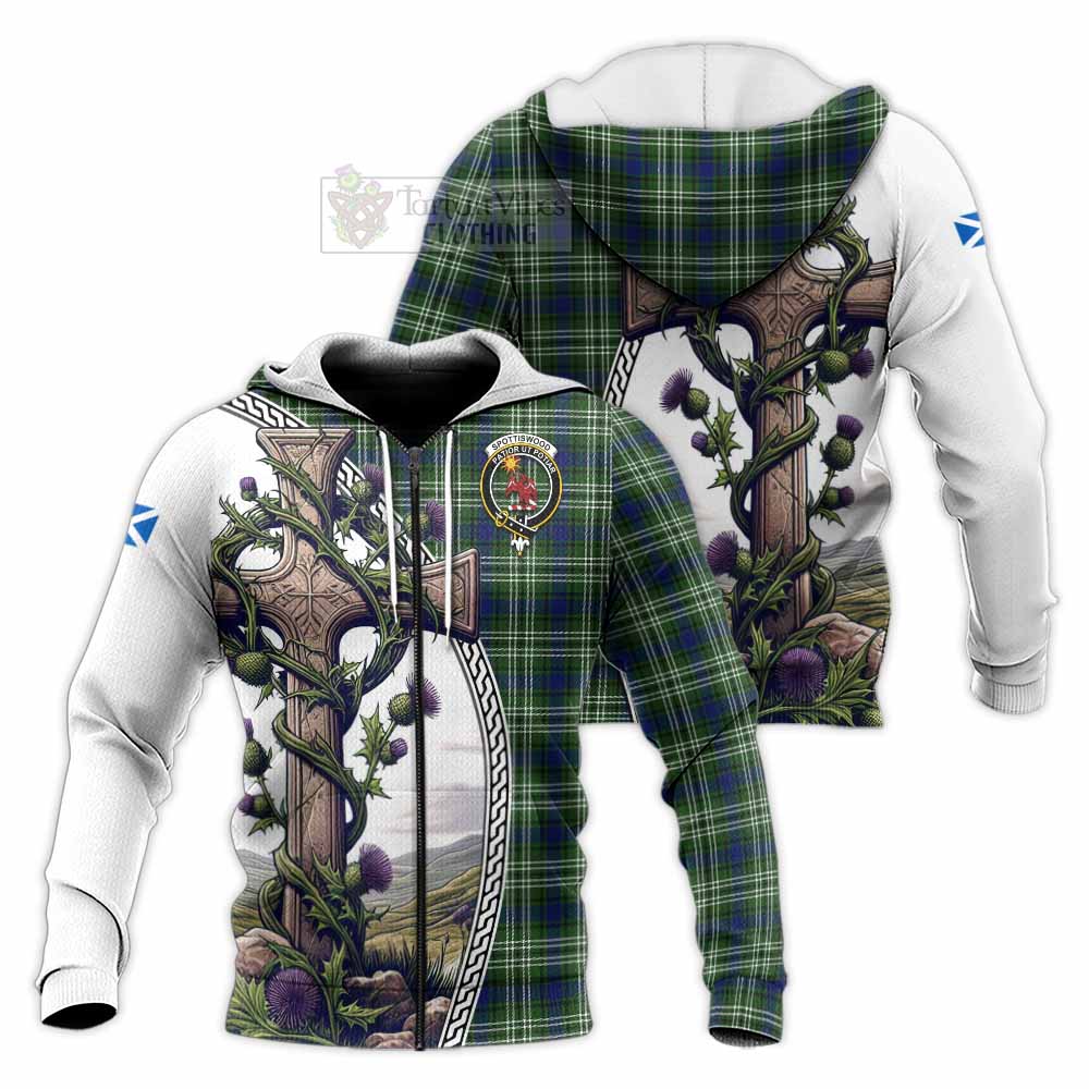 Tartan Vibes Clothing Spottiswood Tartan Knitted Hoodie with Family Crest and St. Andrew's Cross Accented by Thistle Vines