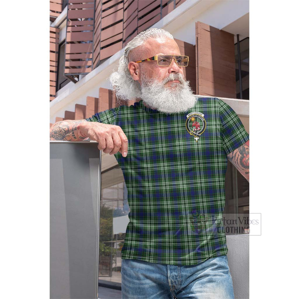 Tartan Vibes Clothing Spottiswood Tartan Cotton T-shirt with Family Crest and Bearded Skull Holding Bottles of Whiskey