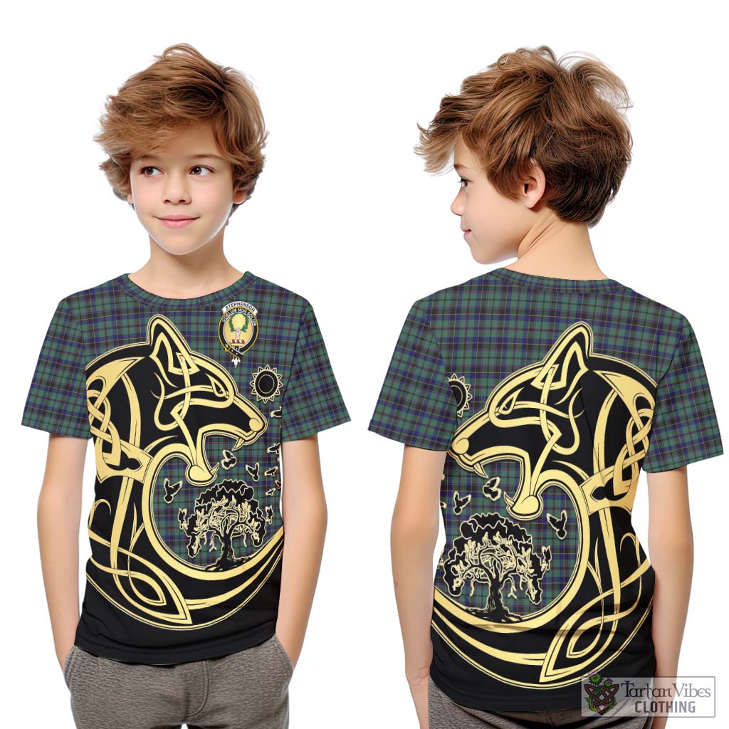 Tartan Vibes Clothing Stephenson Tartan Kid T-Shirt with Family Crest Celtic Wolf Style