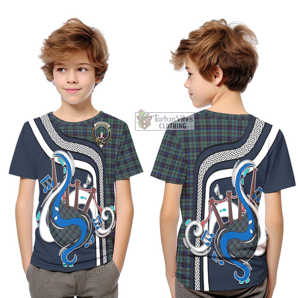 Tartan Vibes Clothing Stephenson Tartan Kid T-Shirt with Epic Bagpipe Style