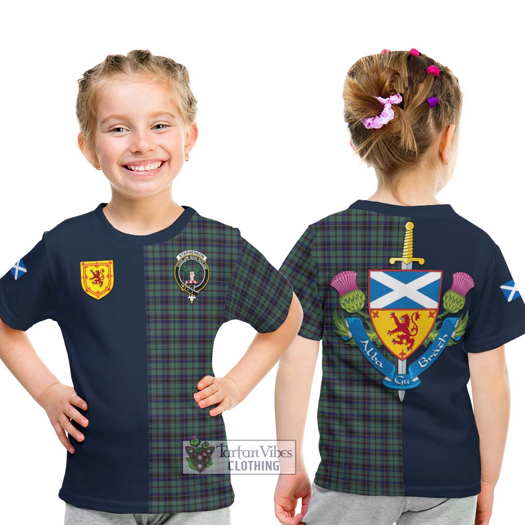 Tartan Vibes Clothing Stephenson Tartan Kid T-Shirt with Scottish Lion Royal Arm Half Style