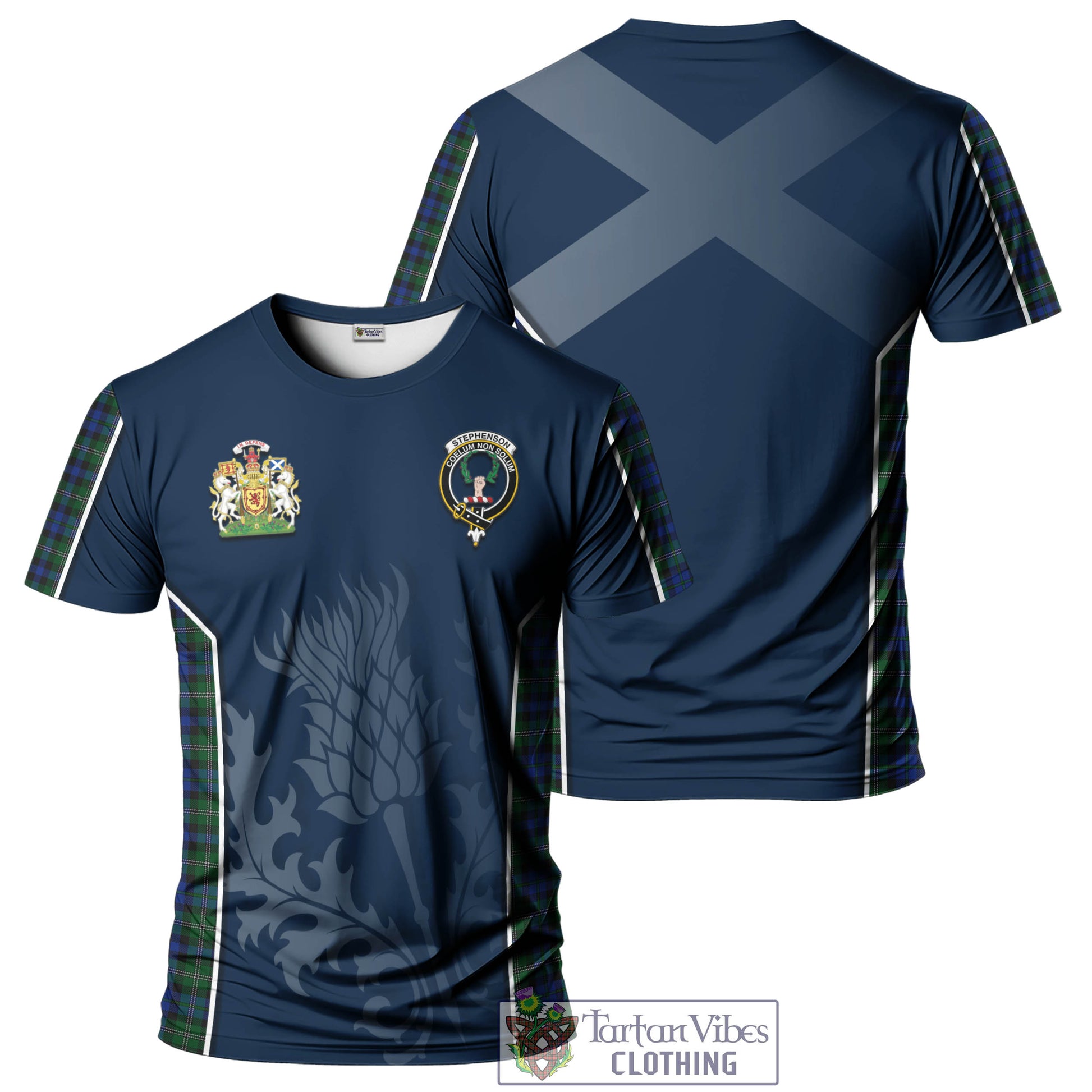 Tartan Vibes Clothing Stephenson Hunting Tartan T-Shirt with Family Crest and Scottish Thistle Vibes Sport Style