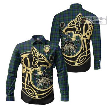 Stephenson Hunting Tartan Long Sleeve Button Shirt with Family Crest Celtic Wolf Style