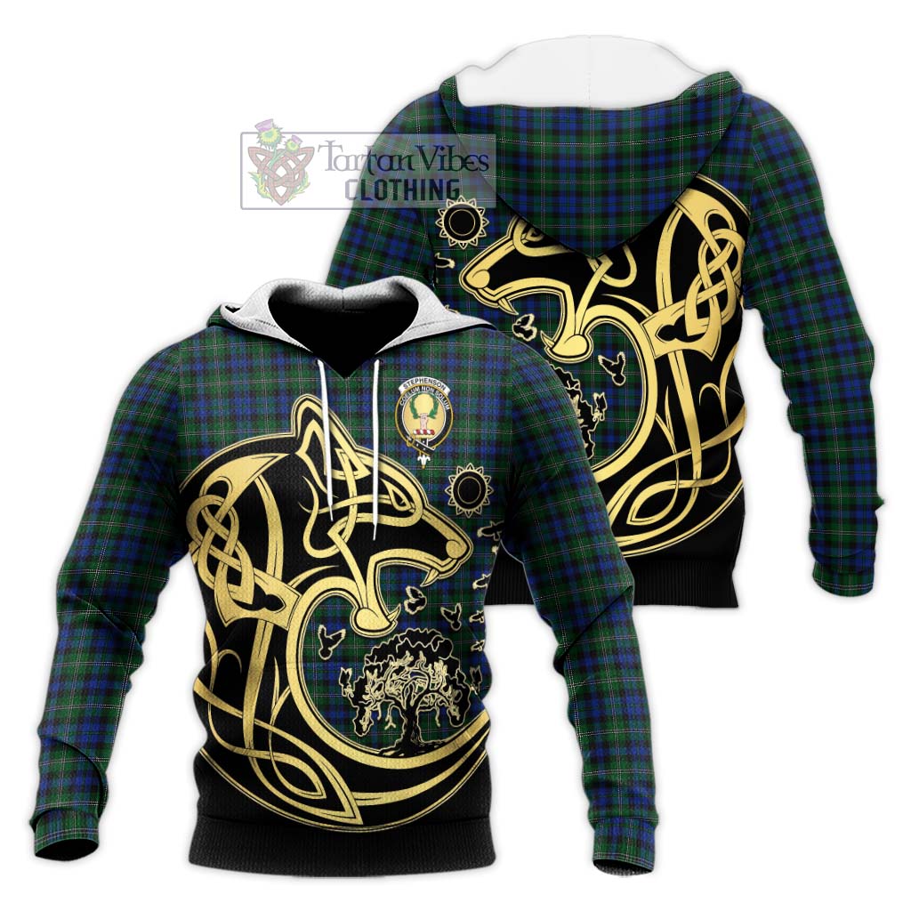 Tartan Vibes Clothing Stephenson Hunting Tartan Knitted Hoodie with Family Crest Celtic Wolf Style