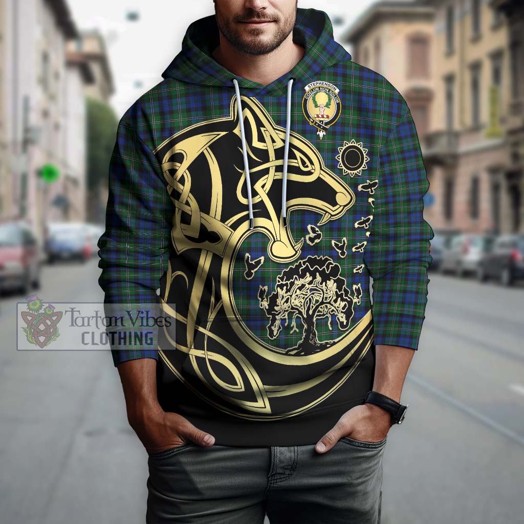 Tartan Vibes Clothing Stephenson Hunting Tartan Hoodie with Family Crest Celtic Wolf Style