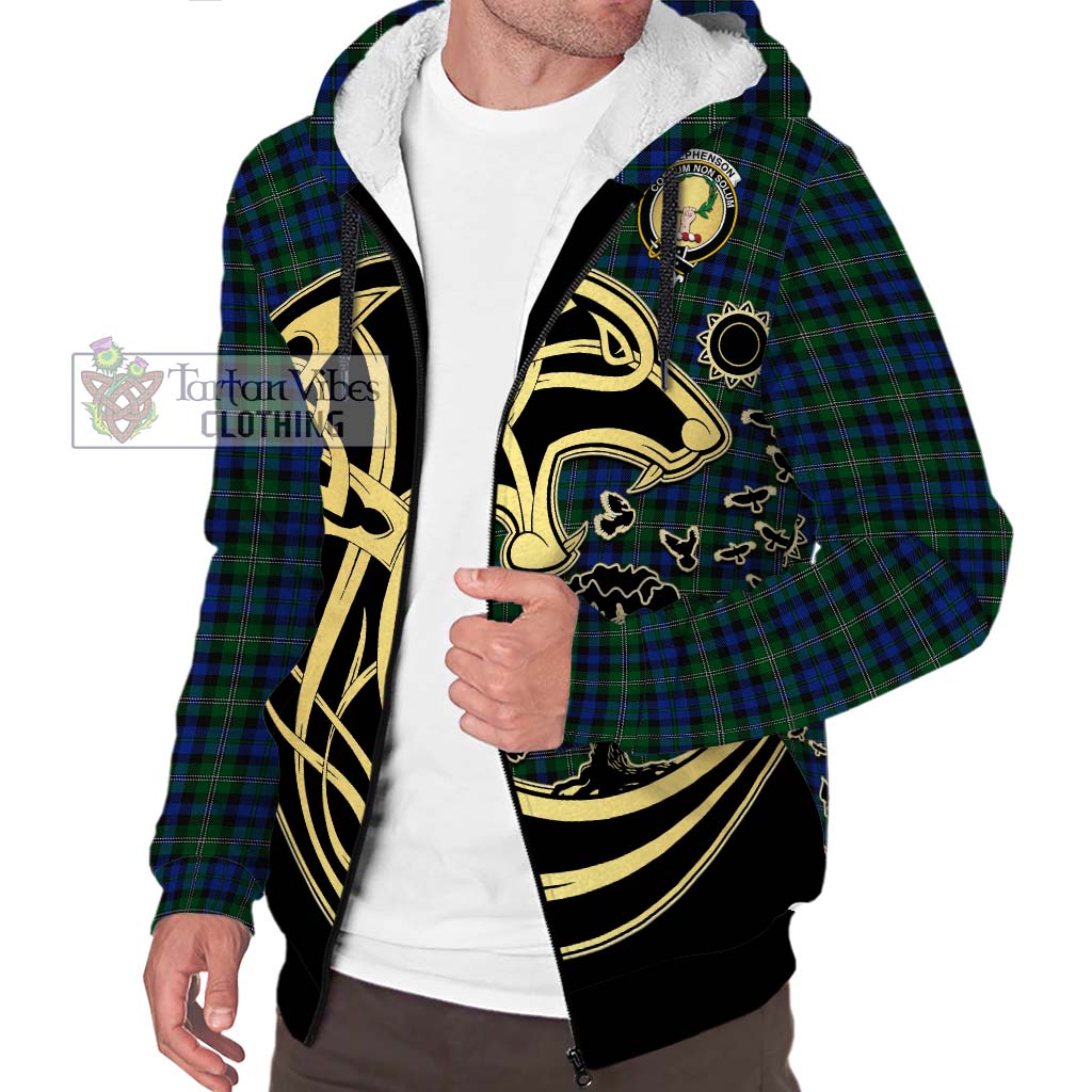 Tartan Vibes Clothing Stephenson Hunting Tartan Sherpa Hoodie with Family Crest Celtic Wolf Style