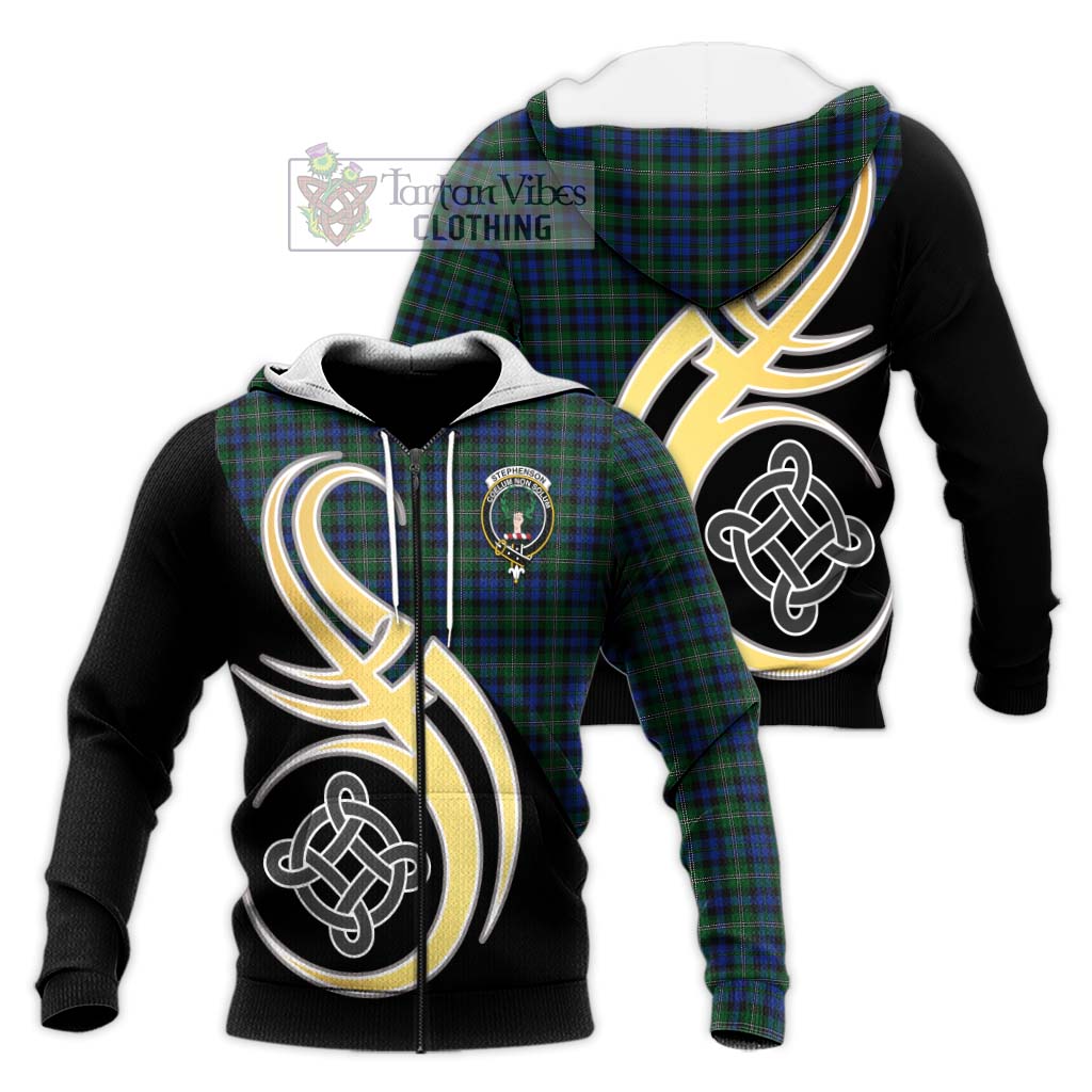 Tartan Vibes Clothing Stephenson Hunting Tartan Knitted Hoodie with Family Crest and Celtic Symbol Style