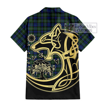 Stephenson Hunting Tartan Short Sleeve Button Shirt with Family Crest Celtic Wolf Style