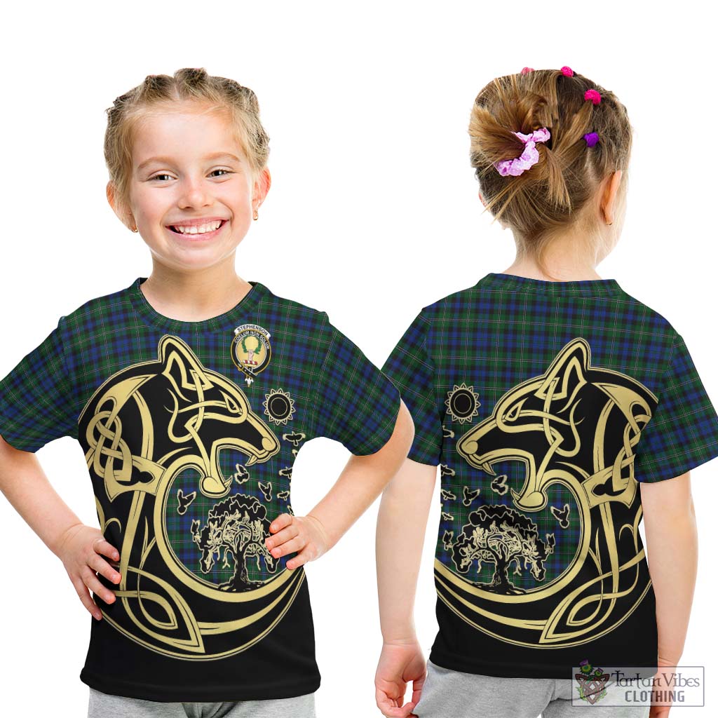 Tartan Vibes Clothing Stephenson Hunting Tartan Kid T-Shirt with Family Crest Celtic Wolf Style