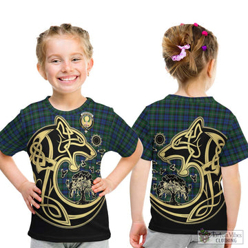 Stephenson Hunting Tartan Kid T-Shirt with Family Crest Celtic Wolf Style
