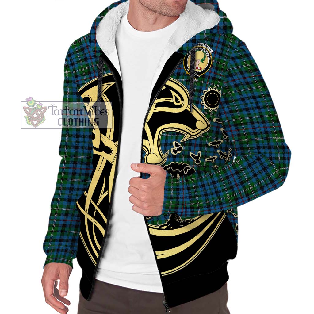Tartan Vibes Clothing Stephenson Hunting Red Stripe Tartan Sherpa Hoodie with Family Crest Celtic Wolf Style
