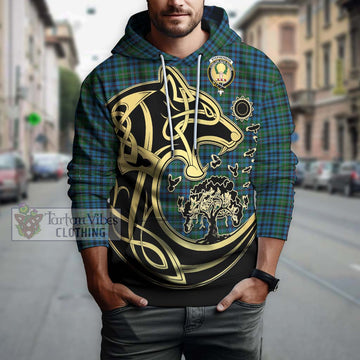 Stephenson Hunting Red Stripe Tartan Hoodie with Family Crest Celtic Wolf Style