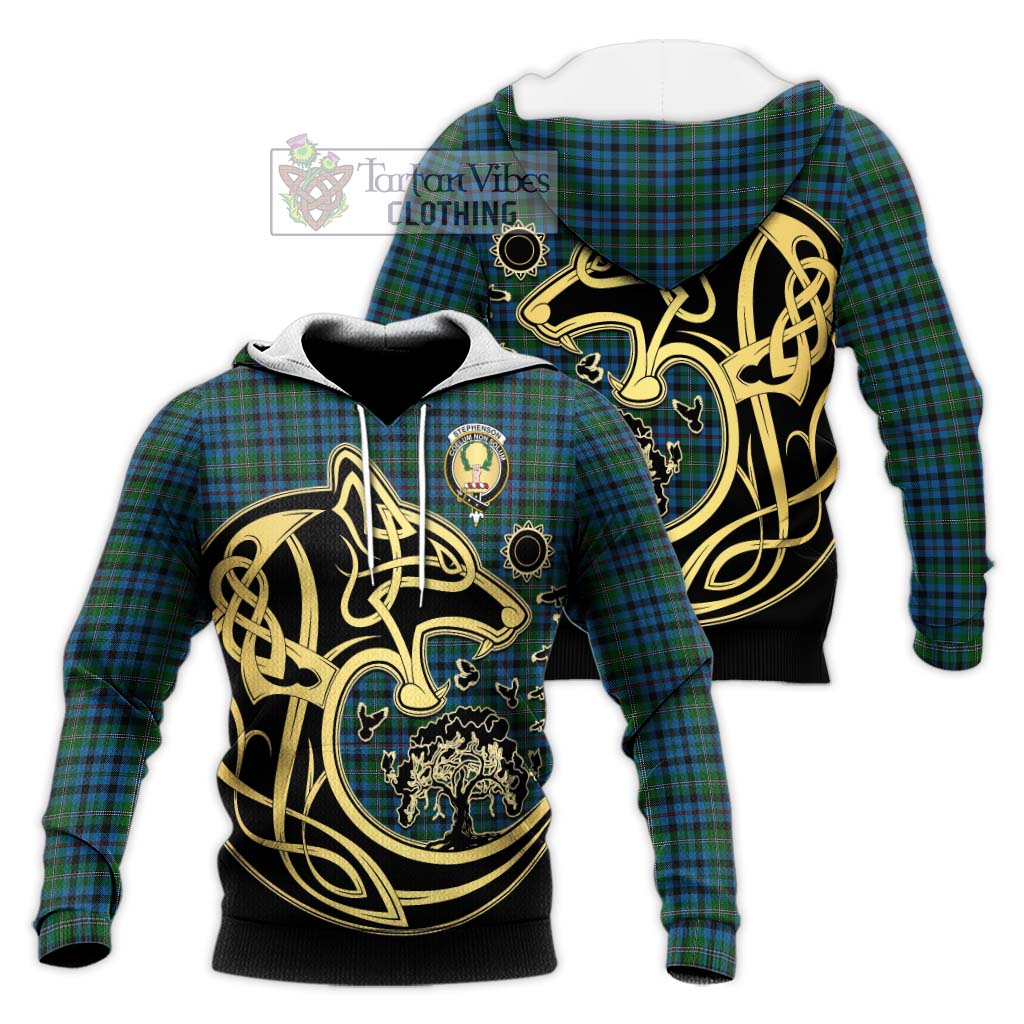 Tartan Vibes Clothing Stephenson Hunting Red Stripe Tartan Knitted Hoodie with Family Crest Celtic Wolf Style