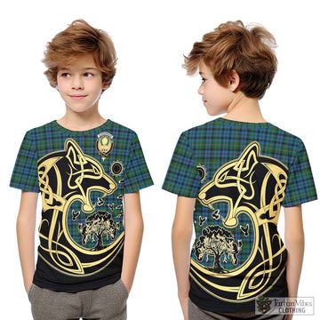 Stephenson Hunting Red Stripe Tartan Kid T-Shirt with Family Crest Celtic Wolf Style