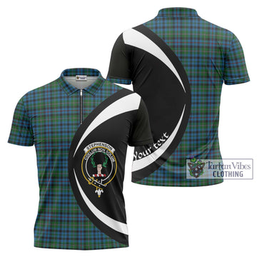Stephenson Hunting Red Stripe Tartan Zipper Polo Shirt with Family Crest Circle Style
