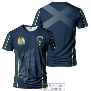 Stephenson Hunting Red Stripe Tartan T-Shirt with Family Crest and Scottish Thistle Vibes Sport Style