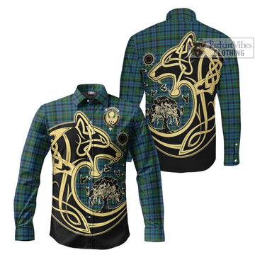 Stephenson Hunting Red Stripe Tartan Long Sleeve Button Shirt with Family Crest Celtic Wolf Style