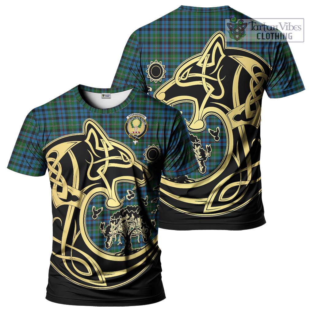 Tartan Vibes Clothing Stephenson Hunting Red Stripe Tartan T-Shirt with Family Crest Celtic Wolf Style