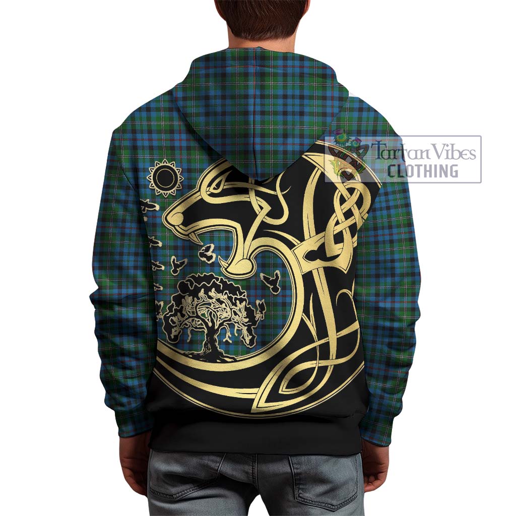 Tartan Vibes Clothing Stephenson Hunting Red Stripe Tartan Hoodie with Family Crest Celtic Wolf Style