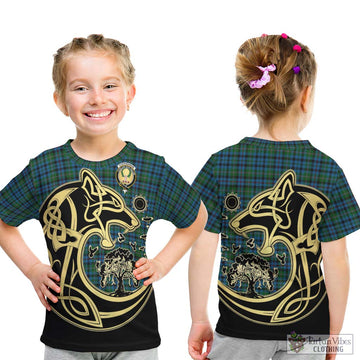 Stephenson Hunting Red Stripe Tartan Kid T-Shirt with Family Crest Celtic Wolf Style